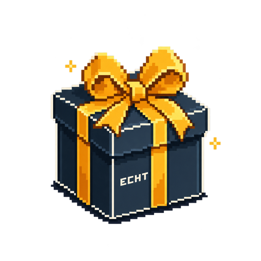 Pixel-art ECHT gift box with a gold bow.