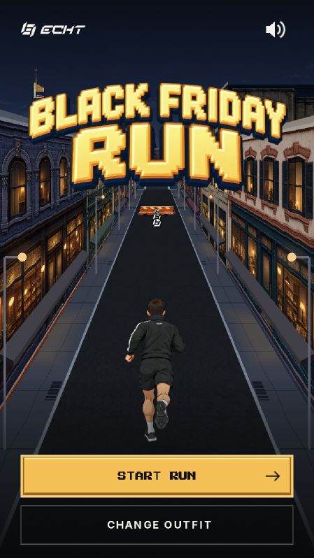 Black Friday Run title screen on mobile, with a runner on a Melbourne street.
