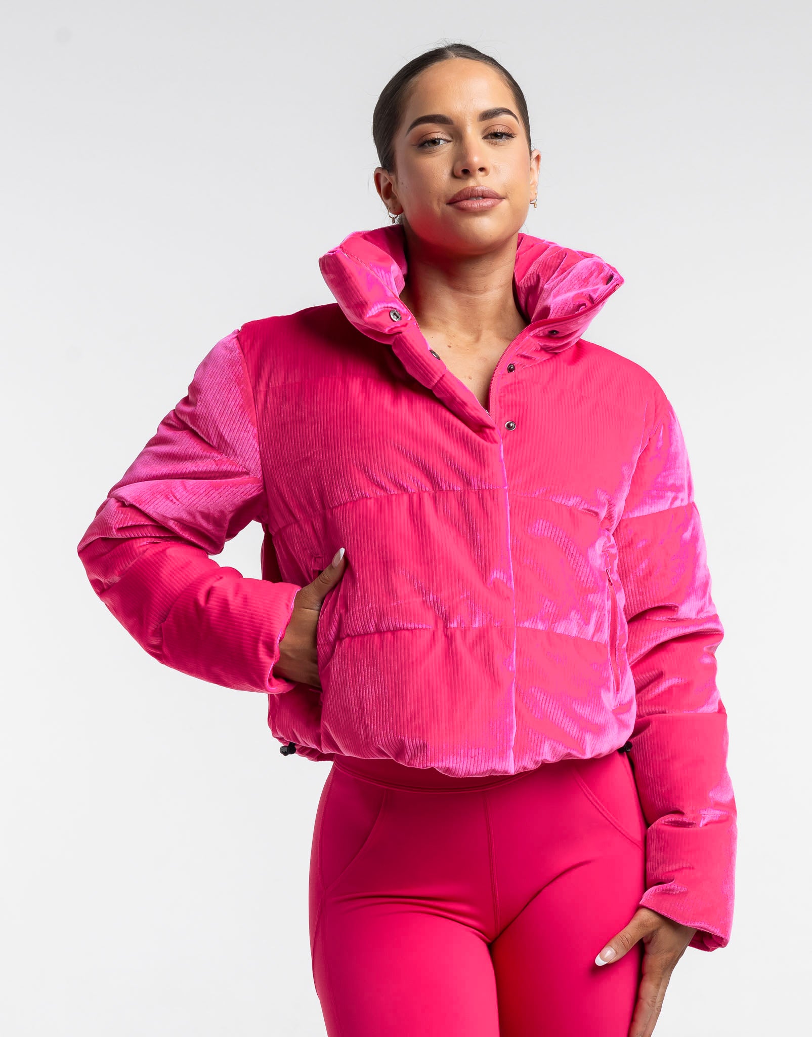 Velour Puffer Jacket in Pink Luxe Velvet Insulated Water