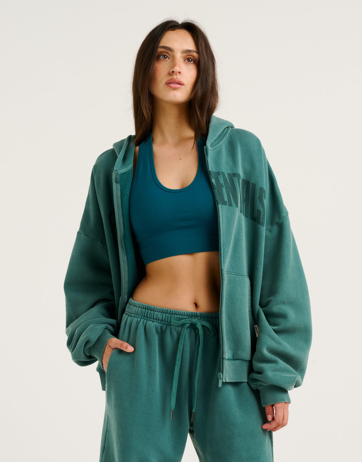 College Combed Fleece Zip-Up Hoodie - Teal